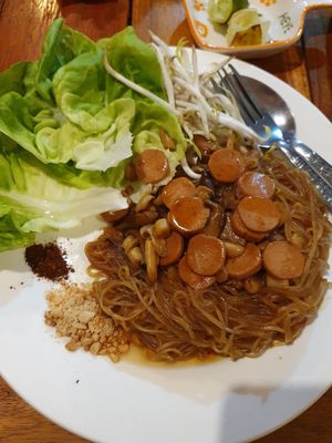 Padthai (it was tasty, but different noodle type etc. than standard one) at Mina Hostel in Thakhek