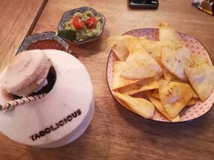 The flour chips were beautiful and the cocktail menu was varied at Tacolicious - Maybe closed in Shanghai