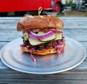 German Butterkase Burger - Octoberfest! at Bone-a-fide Vegan in Austin