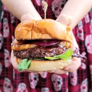 Aloha Burger - Our own Teriyaki Glaze with grilled pineapples and onions! at Bone-a-fide Vegan in Austin