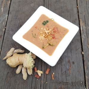 Roasted Peanut Ginger Stew - a fan favorite Soup du Jour! at Bone-a-fide Vegan in Austin