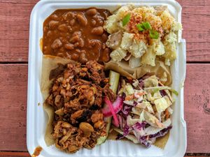 BBQ platter with potato salad. at Bone-a-fide Vegan in Austin
