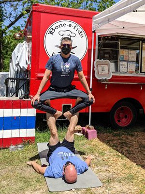 Acro with a Happy Cow shirt. at Bone-a-fide Vegan in Austin