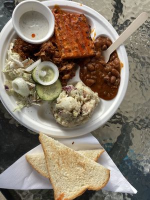 Texas toast in the side of the Full Monty (Buffalo tempeh subbed in for brisket since the brisket ran out) at Bone-a-fide Vegan in Austin
