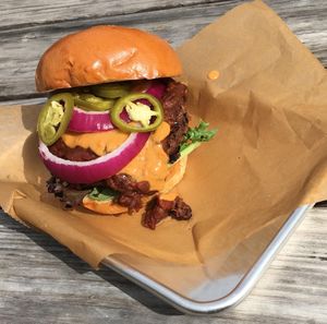 Chili Cheeseburger with Smoky Adobo Cheddar Sauce - All Vegan! at Bone-a-fide Vegan in Austin