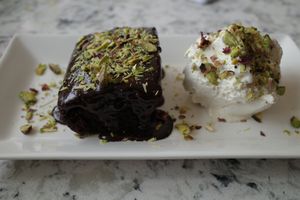 Home made vegan chocolate and pistachio cake at Mango Vegetarian in Wetherby