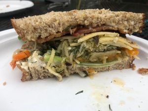 The vegetarian: organic greenleaf, heirloom tomato, mayo or vegenaise, vegan slaw( turnip slaw pictured), cheese or vegan cheese, yogurt schmear  at Sunflour Community Bakery in Rome