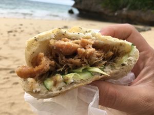 Half eaten soy meat sandwich at Giving Tree Home in Ishigaki