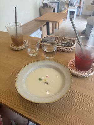 Potato soup with ginger ale and yam juice   at Giving Tree Home in Ishigaki
