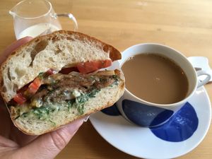 Vegan soy meat sandwich. Yum! at Giving Tree Home in Ishigaki