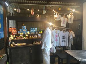 Small boutique guava syrup, cookies, and t-shirts for sale. at Hikari Rakuen in Ishigaki