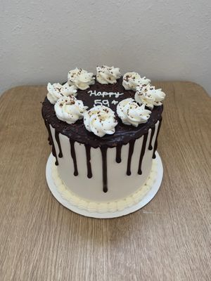 Vanilla cake with vanilla frosting and chocolate ganache at Sweet Leaf Cakery in Idaho Falls