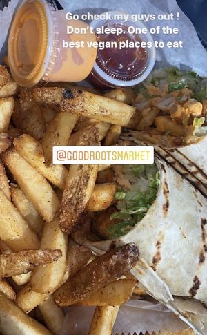 Vegan Buffalo Chic’N Wrap With Seasoned Fries at Good Roots Natural Market in Haverstraw