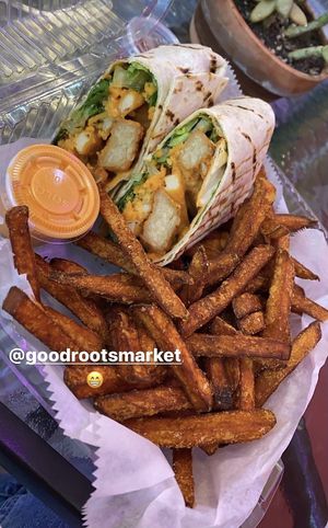 Vegan Buffalo Chic’N Wrap & Sweet Potato Fries - Good Roots -Rockland County NY at Good Roots Natural Market in Haverstraw