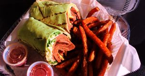 Vegan Cold Cut Wrap & Sweet Potato Fries at Good Roots Natural Market in Haverstraw