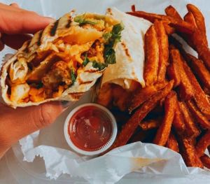 Vegan Buffalo Chick’N Wrap - Sweet Potato Fries - Good Roots - NY at Good Roots Natural Market in Haverstraw