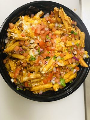 Overloaded Fries with Vegan Cheese & Pico de Gallo at Good Roots Natural Market in Haverstraw