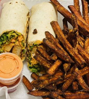 Vegan Buffalo Chick’N Wrap with Sweet Potato Fries at Good Roots Natural Market in Haverstraw