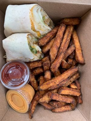 Buffalo Chick’N Wrap w/sweet potato fries   at Good Roots Natural Market in Haverstraw