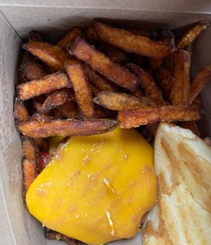 (?) Chick’N Sandwich w/sweet potato fries  at Good Roots Natural Market in Haverstraw