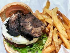 Plant based portobello mushroom burger at Good Roots Natural Market in Haverstraw