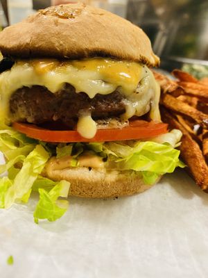 Vegan Portabella and Beyond Burger at Good Roots Natural Market in Haverstraw