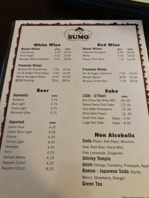 Menu drink at SUMO in Rochester