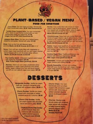 Vegan menu  at Alley Cantina in Dunedin