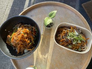 (Top) tempeh japchae and (bottom) beefy bulgogi   at De Patchka in Amsterdam