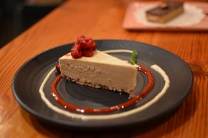 White chocolate raspberry cheesecake at Yong Green Food in Fitzroy