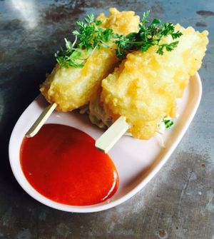 Tofu skewers with chili sauce at Yong Green Food in Fitzroy