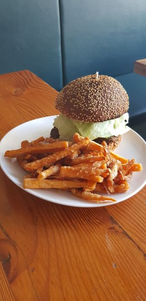 Vegan burger with sweet potato fries at Yong Green Food in Fitzroy