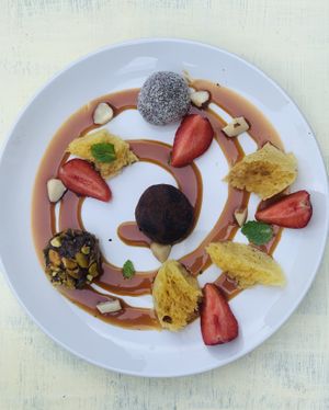 Brigadeiro served with vegan sponge cake & salted caramel drizzle  at Santo Bruklin in Brooklyn