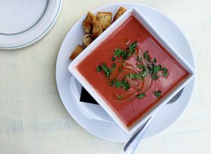 Vegan strawberry gazpacho  at Santo Bruklin in Brooklyn