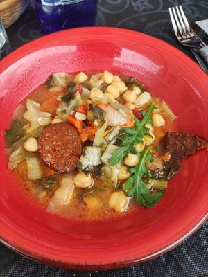 Potaje de garbanzos con "chorizo"(vegano) at La Olivera in Nueno