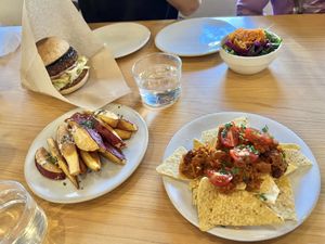 Sweet potato fries, nachos, and a teriyaki burger (so good!) #Veganuary at NICE in Fukuoka