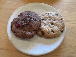One of each cookie. The chocolate had berries and was so tasty! The Choco chip had coconut. Nom!  #Veganuary at NICE in Fukuoka