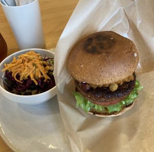 Burger and side salad  at NICE in Fukuoka