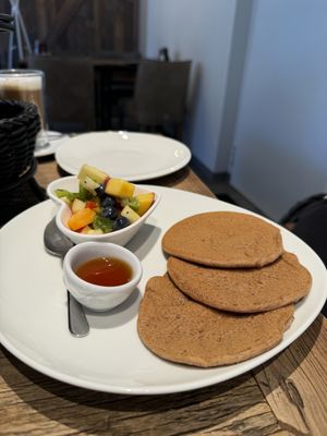 Vegan whole grain pancakes  at Sarah's Konditorei & Cafe in Koenigswinter