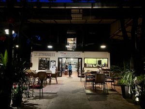 Garden setting   at Peace Cafe in Siem Reap