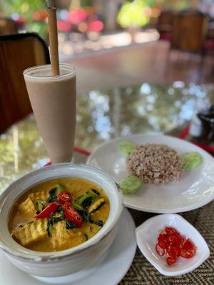 PB choco smoothie and amok curry  at Peace Cafe in Siem Reap