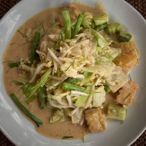 Delicious Gado-gado salad 
(Small portion pictured here, for 3$ in oct 2024) at Peace Cafe in Siem Reap