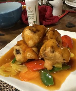 Sweet and sour cauliflower (so good + comes with rice)   at Peace Cafe in Siem Reap