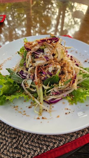 Papayasalad - not spicy at all at Peace Cafe in Siem Reap