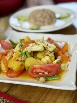 Chickpea stir fry with Brown ricee  at Peace Cafe in Siem Reap