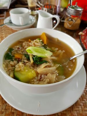 Lemongrass mushroom khmer soup with brown rice at Peace Cafe in Siem Reap