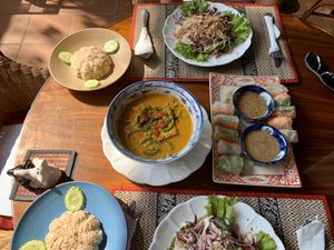 After cooking class: fresh spring rolls, papaya salad, amok curry at Peace Cafe in Siem Reap