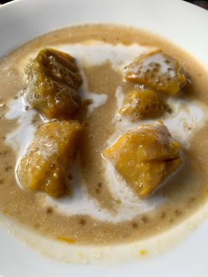 Local warm pumpkin coconut dessert - yummy!! at Peace Cafe in Siem Reap