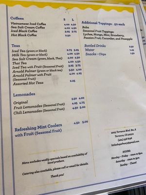 Menu drinks at Little Shop of Mary in Torrance