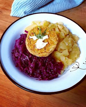 Red cabbage, roasted potatoes, tofu and polenta patty at BeetBox in Slovenj Gradec